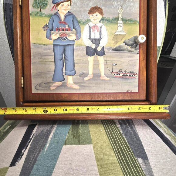 Vtg Oak Wood Medicine Cabinet Hand Painted Primitive Spice Rack Shelves Signed - Picture 4 of 16